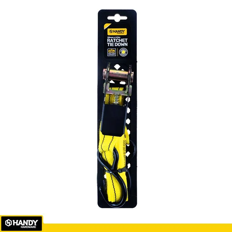 Handy Ratchet Tie Down Yellow 4.5m x 25mm Max Weight 230kg