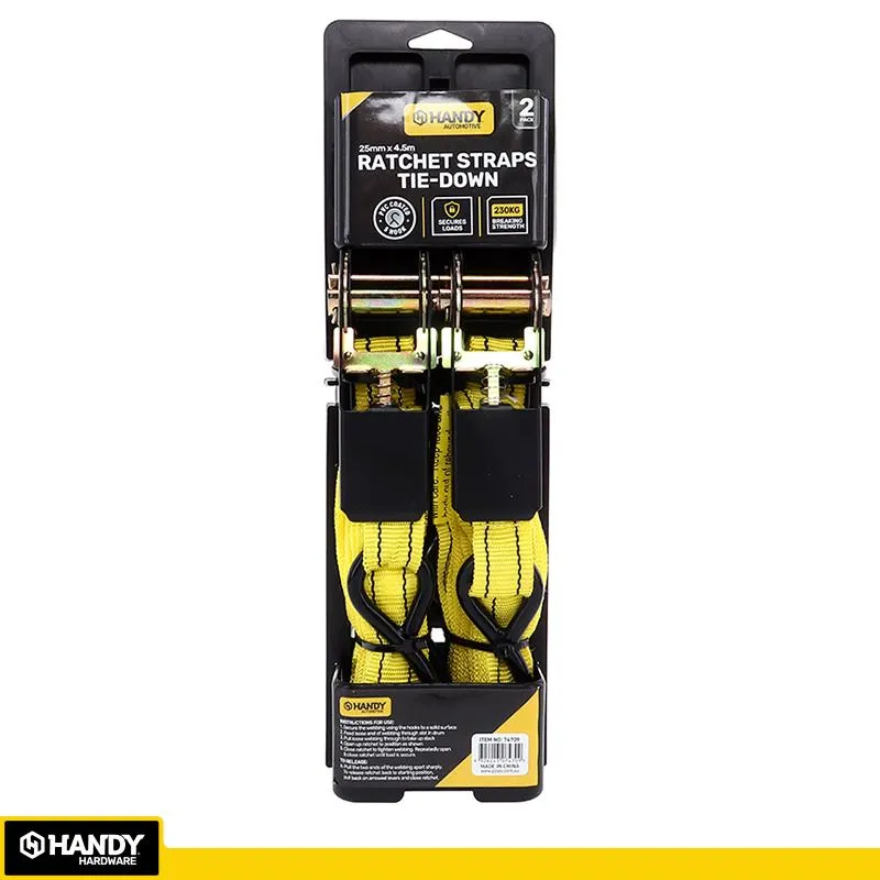Handy Ratchet Tie Down Yellow 4.5m x 25mm Max Weight 230kg 2pc