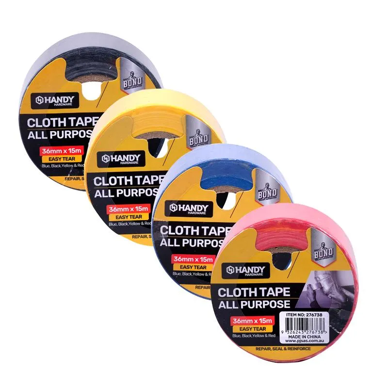 Handy Tape Multi Purpose Cloth Tape 4 Assorted Colours (Yellow, Blue, Red & Black) 36mm x 15m