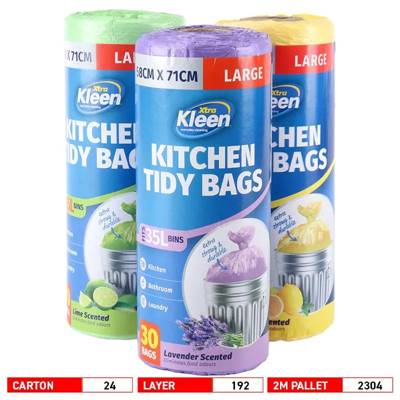Kleen Garbage Bags Assorted Scents Kitchen Tidy 35L - 30pk - 58cm x 71cm - Lavender, Lemon, Lime