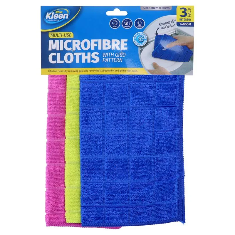 [264117] Kleen Microfibre Cleaning Cloth Grid Design 30cm x 30cm 3pk