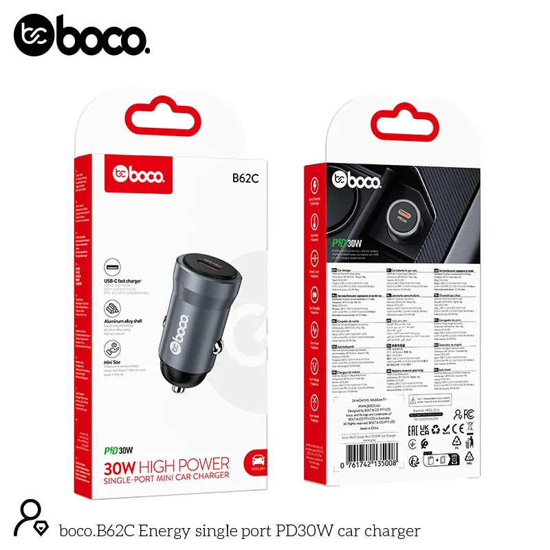 [B62C] boco. B62C USB-C Single Port PD30W Car Charger Metal Gray