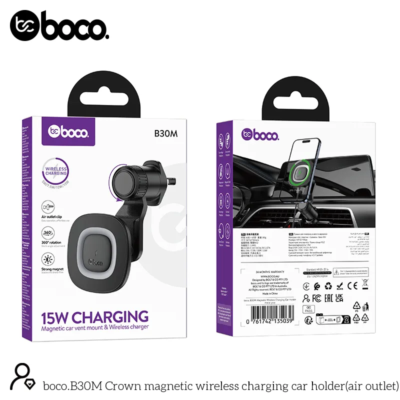 [B30M] boco. B30M Magnetic Wireless Charging Car Holder (air vent) Black