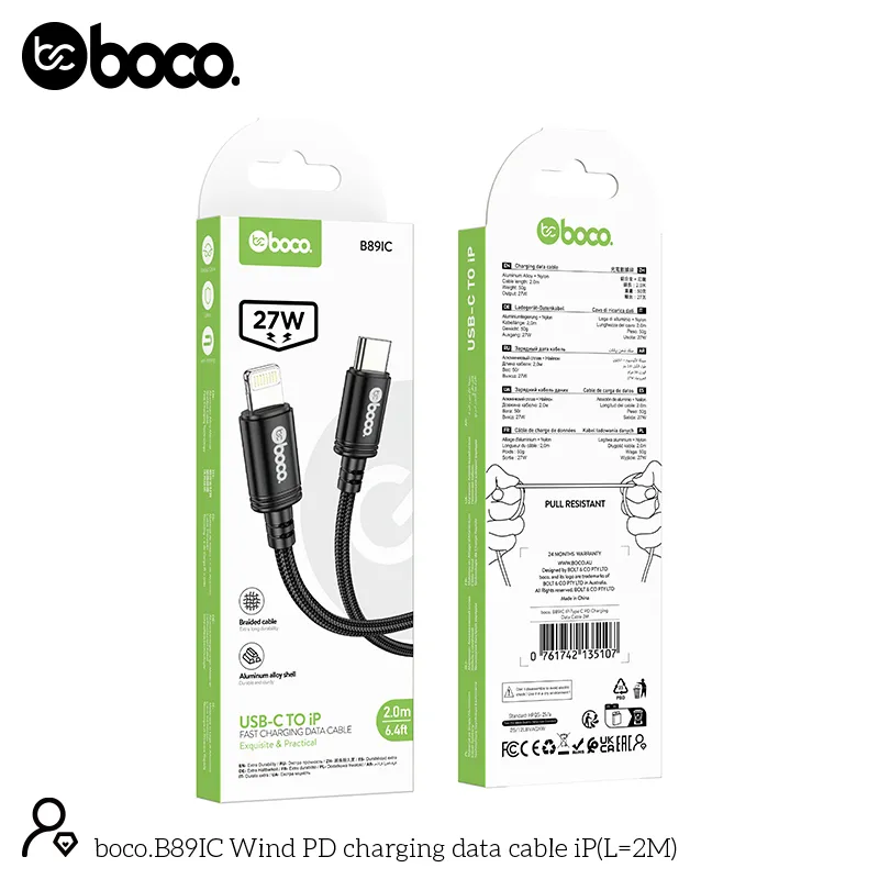 [B89IC] boco. B89IC Type C-IP PD Charging Data Cable 2M Black