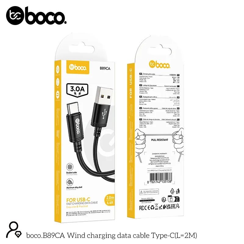 [B89CA] boco. B89CA Type C Charging Data Cable 2M Black