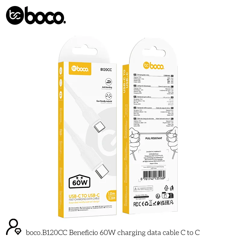 [B120CC] boco. B120CC Type C-C 60W Charging Data Cable White