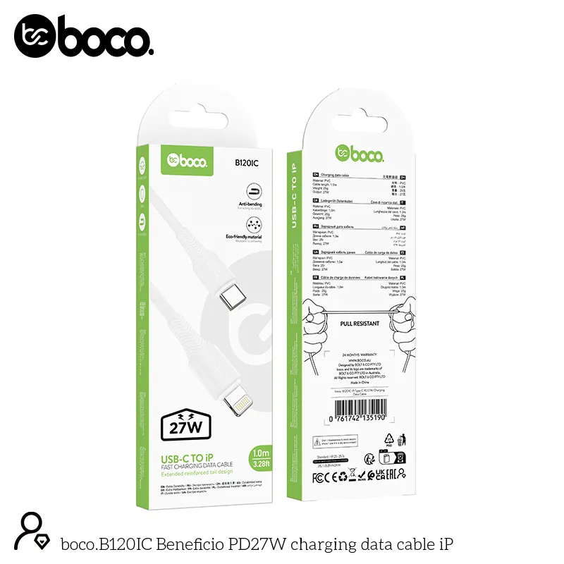 [B120IC] boco. B120IC Type C-IP PD27W Charging Data Cable White