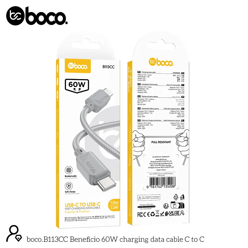 [B113CC] boco. B113CC Type C-C 60W Charging Data Cable Gray