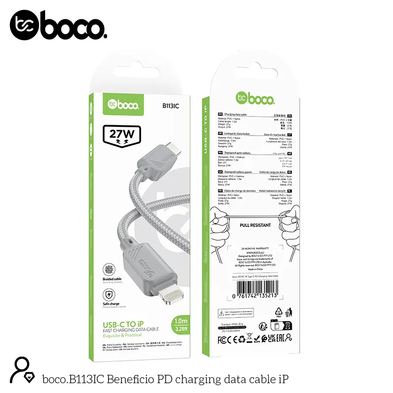 [B113IC] boco. B113IC Type C-IP PD Charging Data Cable Gray