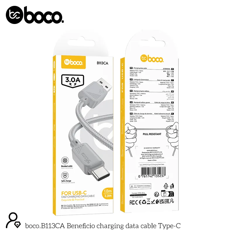 [B113CA] boco. B113CA Type C Charging Data Cable Gray
