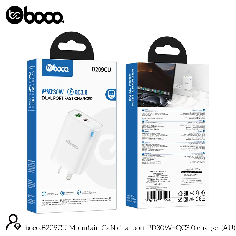 [B209CU] boco. B209CU Dual Port PD30W+QC3.0 Wall Charger White