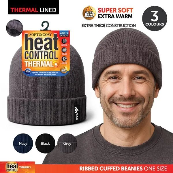 [234813] Beanie Adults Heat Control Thermal Lined Ribbed Cuff Black, Navy & Grey