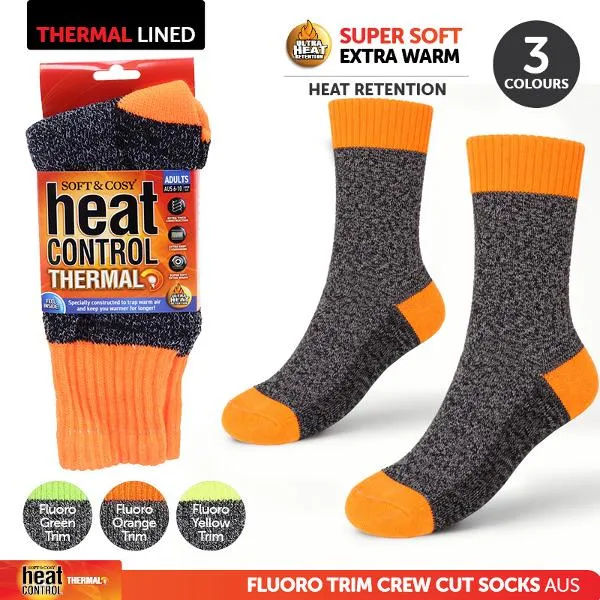 [325979] Socks Mens Heat Control Thermal Crew Cut 3 Asst Colours, Fluoro Trim (Green, Yellow & Orange)